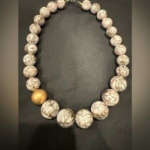 Elegant Gold, Cream, and Gray Beaded Necklace 80s Vintage Wood Beads